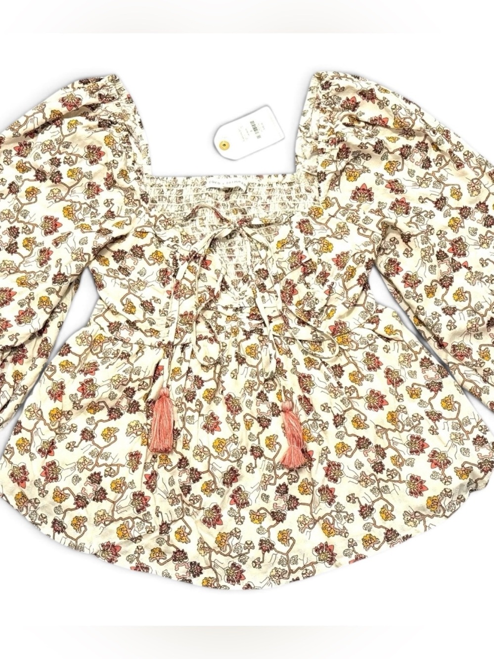NWT Coco + Jaimeson floral print milkmaid peplum top w/ square neckline & tassel
